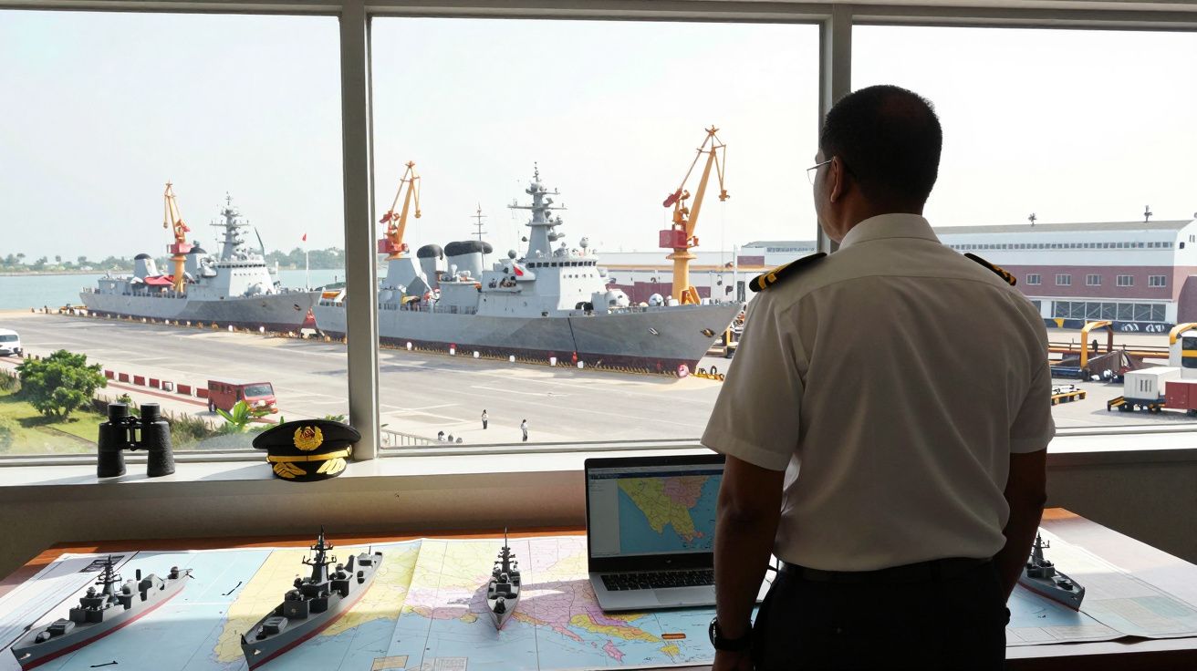 Militar naval observa doca com navios de guerra, mapas náuticos e miniaturas de navios numa sala de controlo.
