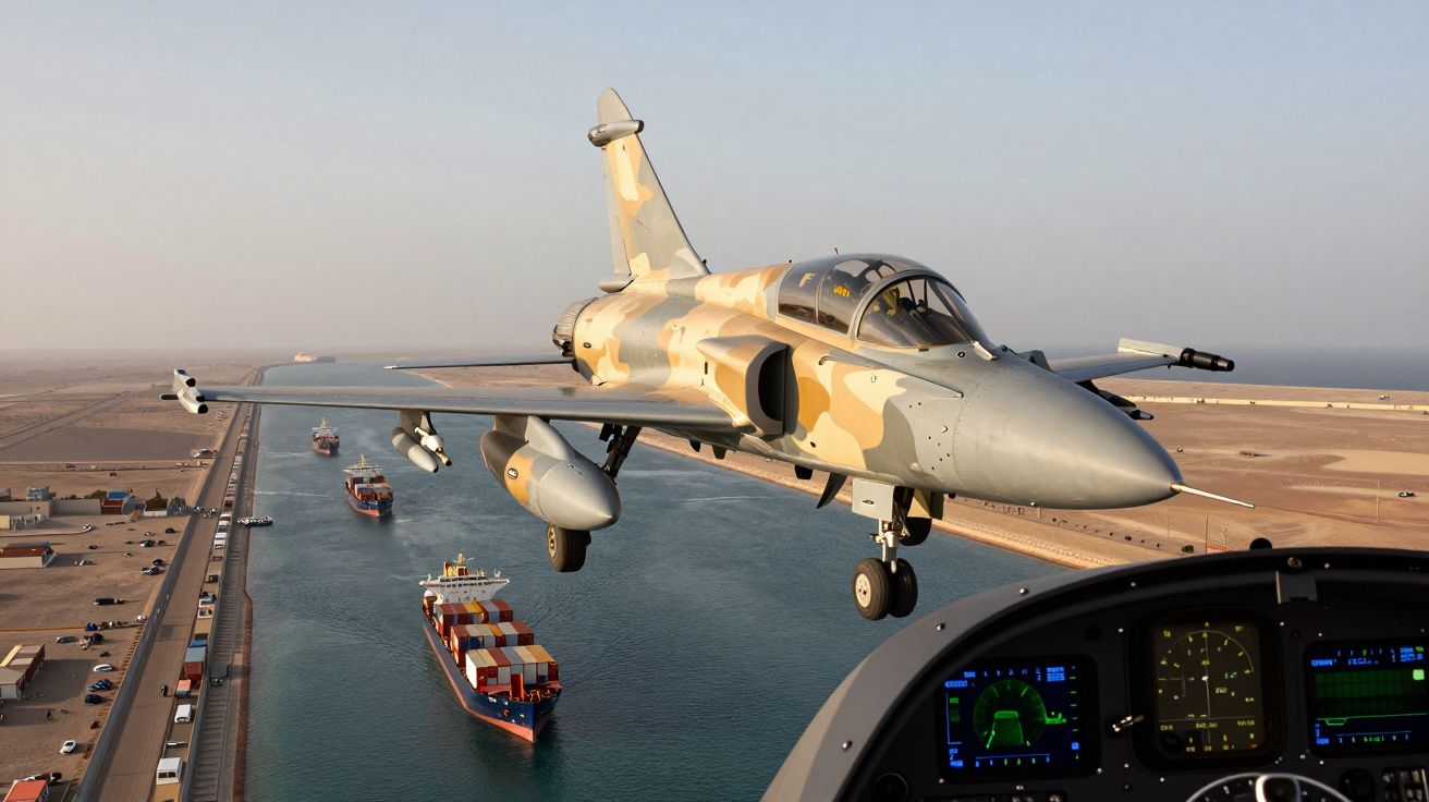 Caça militar camuflado a sobrevoar um canal com navios de contentores, visto do cockpit de outra aeronave.