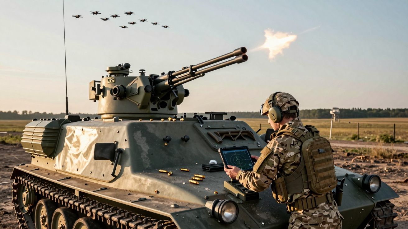 Soldado em uniforme camuflado opera veículo blindado com metralhadoras em campo aberto com aviões no céu.