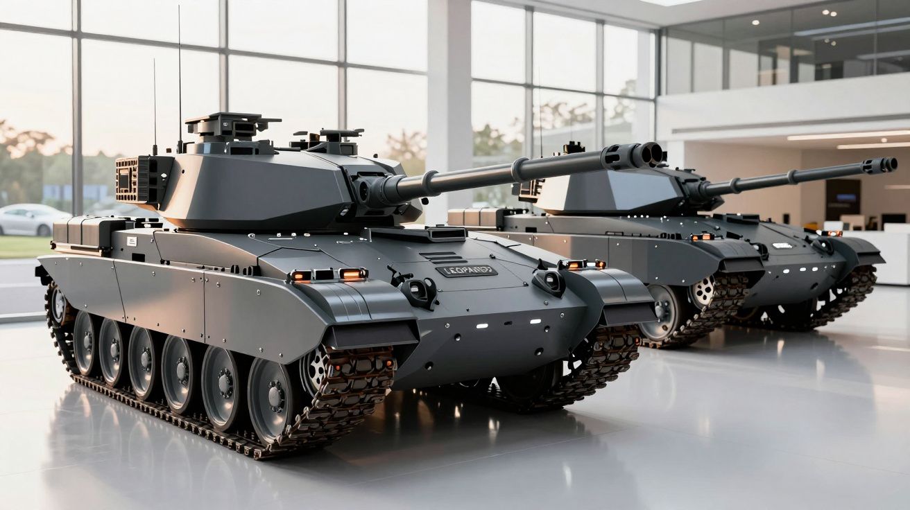 Dois tanques de guerra modernos cinzentos expostos num interior espaçoso e iluminado.