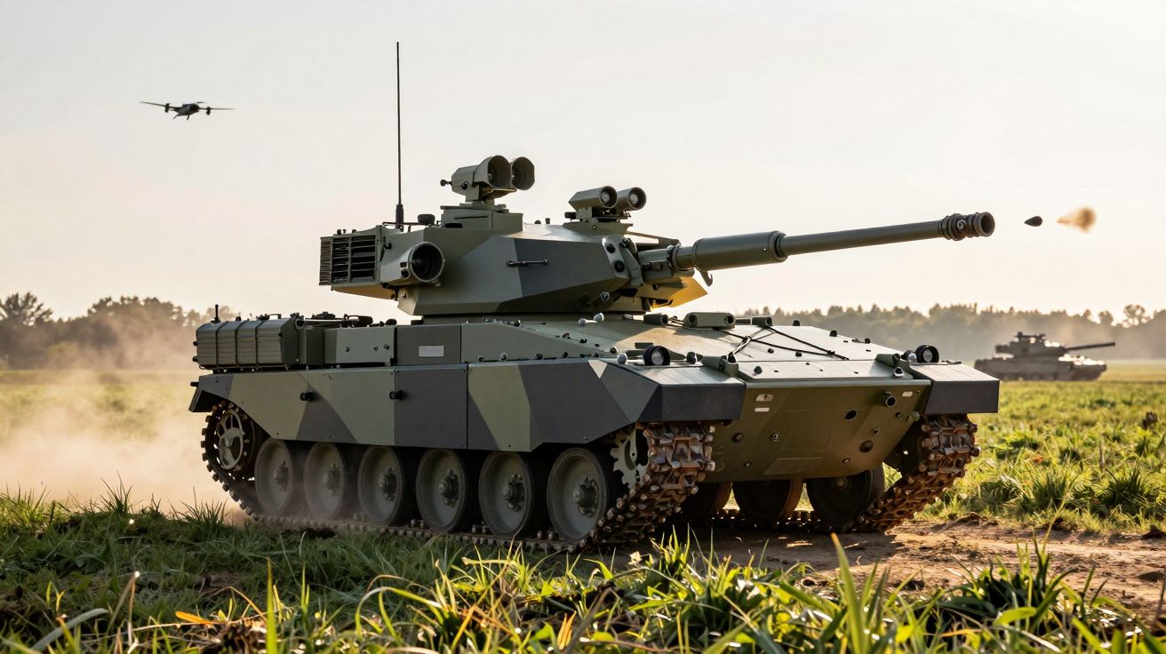 Tanque militar moderno a disparar em campo aberto com drone voando ao fundo durante o pôr do sol.