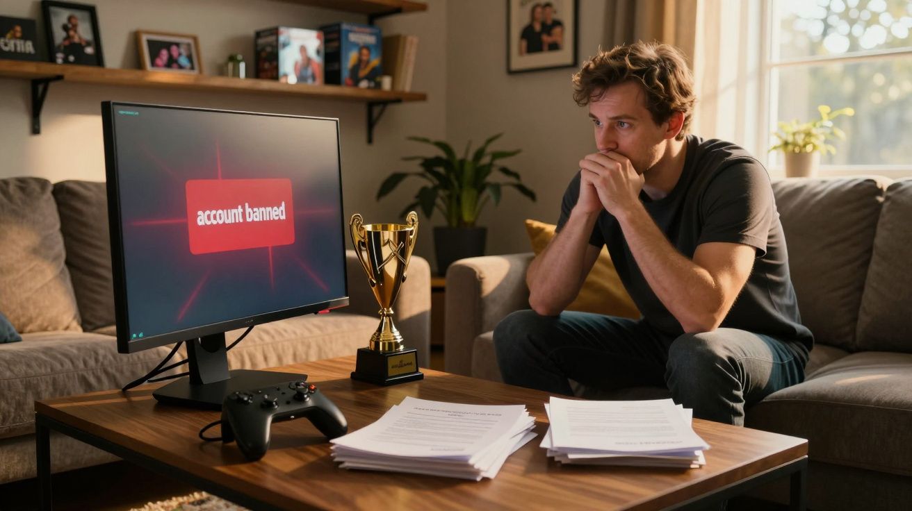 Homem preocupado sentado no sofá com ecrã a mostrar mensagem "account banned" e troféu na mesa.