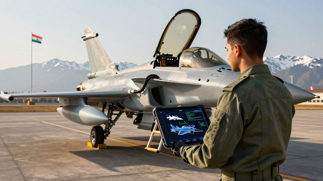 Piloto em uniforme controla painel digital junto a caça militar com montanhas e bandeira da Índia ao fundo.