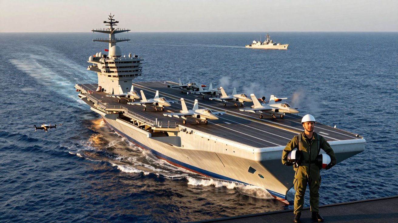Porta-aviões a navegar com aviões de caça na pista e militar com capacete a bordo de navio.