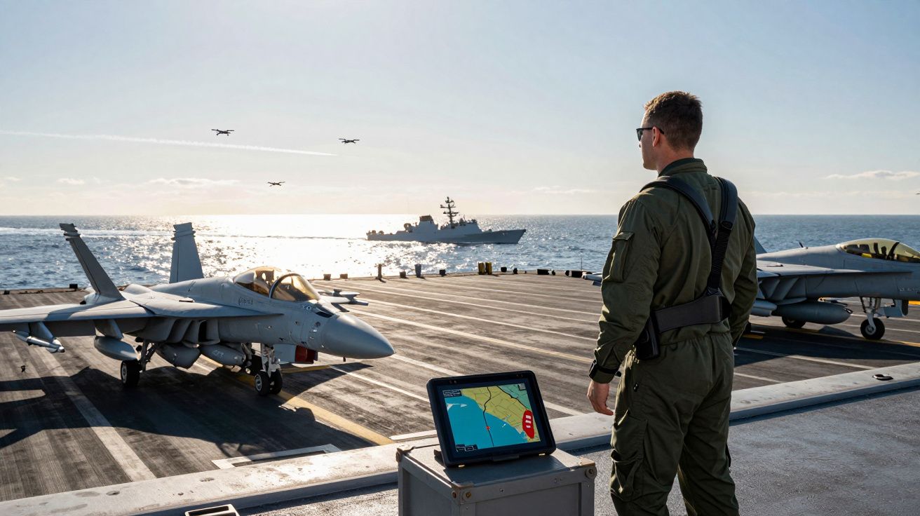 Homem em fato militar observa porta-aviões com dois caças e dois drones no céu ao pôr do sol.