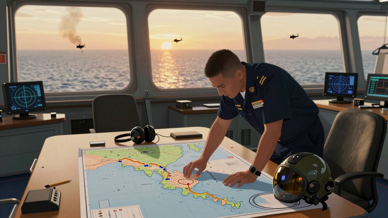 Oficial naval a estudar um mapa na ponte do navio com dois helicópteros no mar ao pôr do sol.