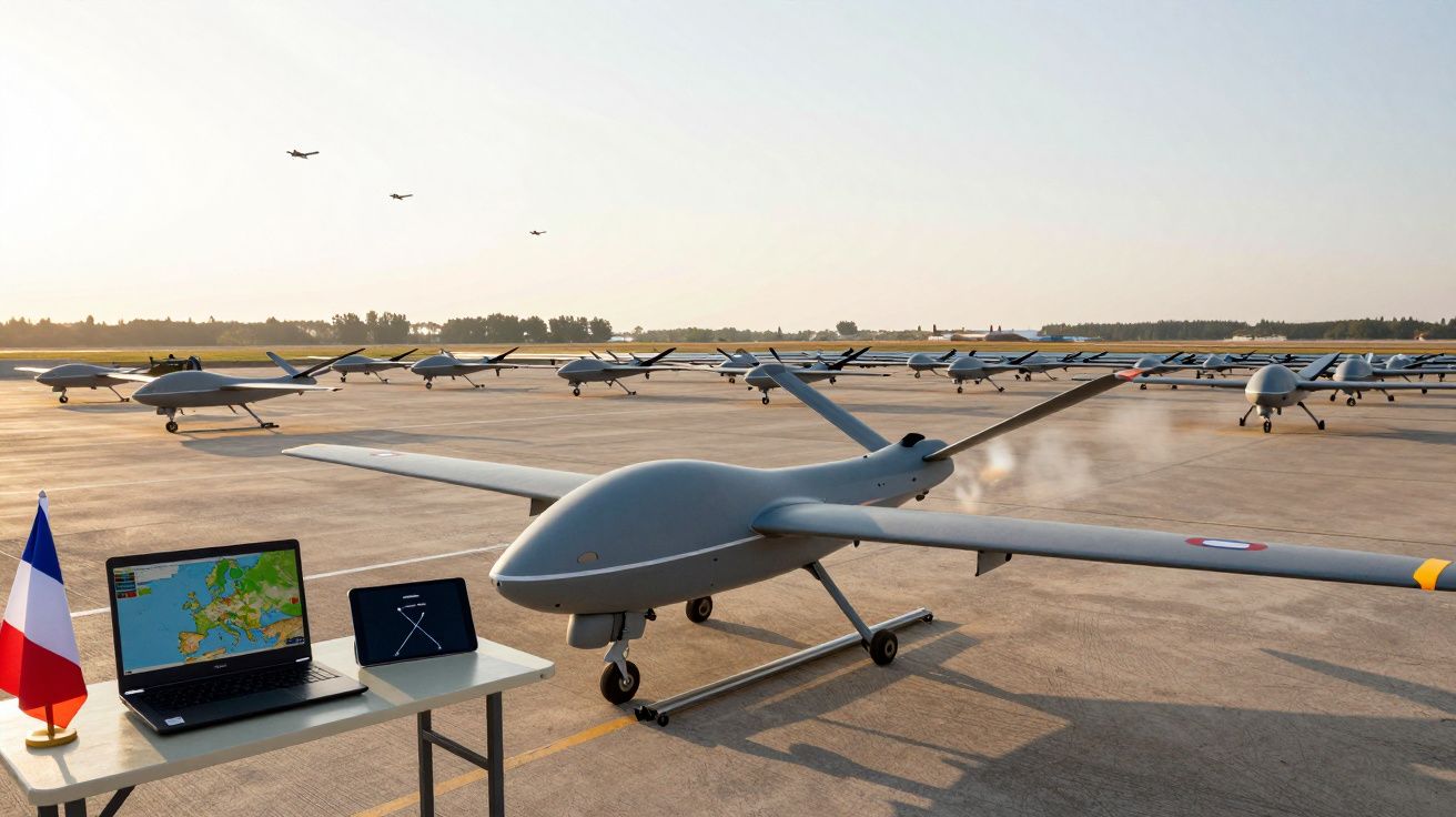 Drones militares alinhados num campo de aviação ao pôr do sol, com mesa, computador e bandeira da França.