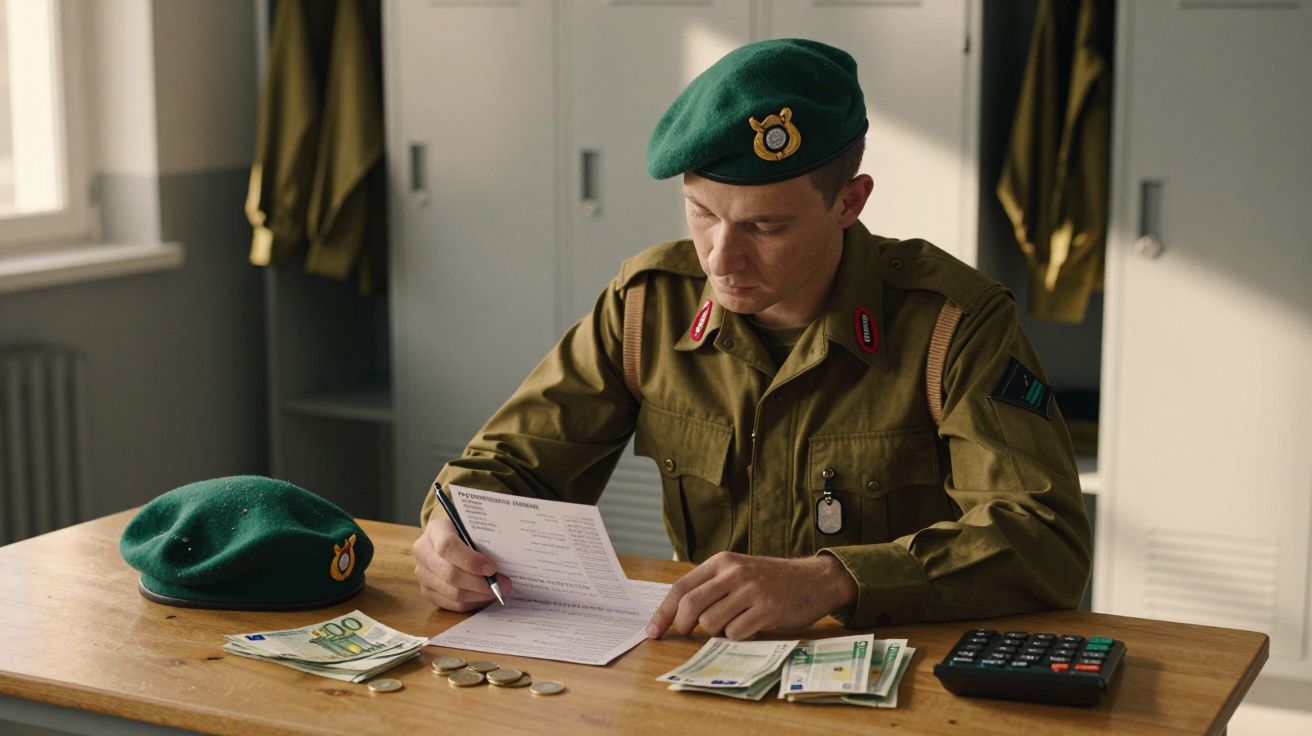Militar com uniforme verde escrevendo em papel numa mesa com dinheiro e calculadora numa sala iluminada.