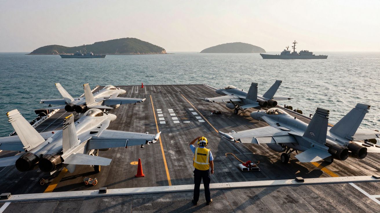 Porta-aviões com aviões de combate estacionados e operador em colete amarelo no convés, mar e ilhas ao fundo.