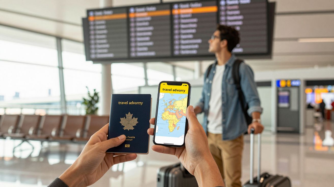 Pessoa numa estação de aeroporto com passaporte e telemóvel a consultar avisos de viagem na aplicação.