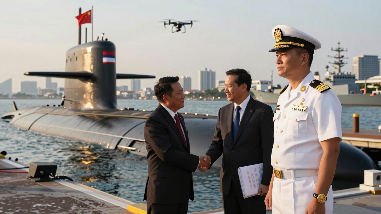 Dois homens de fato cumprimentam-se junto a um submarino no porto, com oficial naval em uniforme branco e drone no ar.
