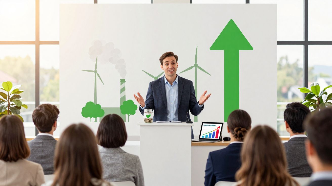 Homem apresenta gráfico de crescimento verde e energia sustentável a audiência numa conferência.