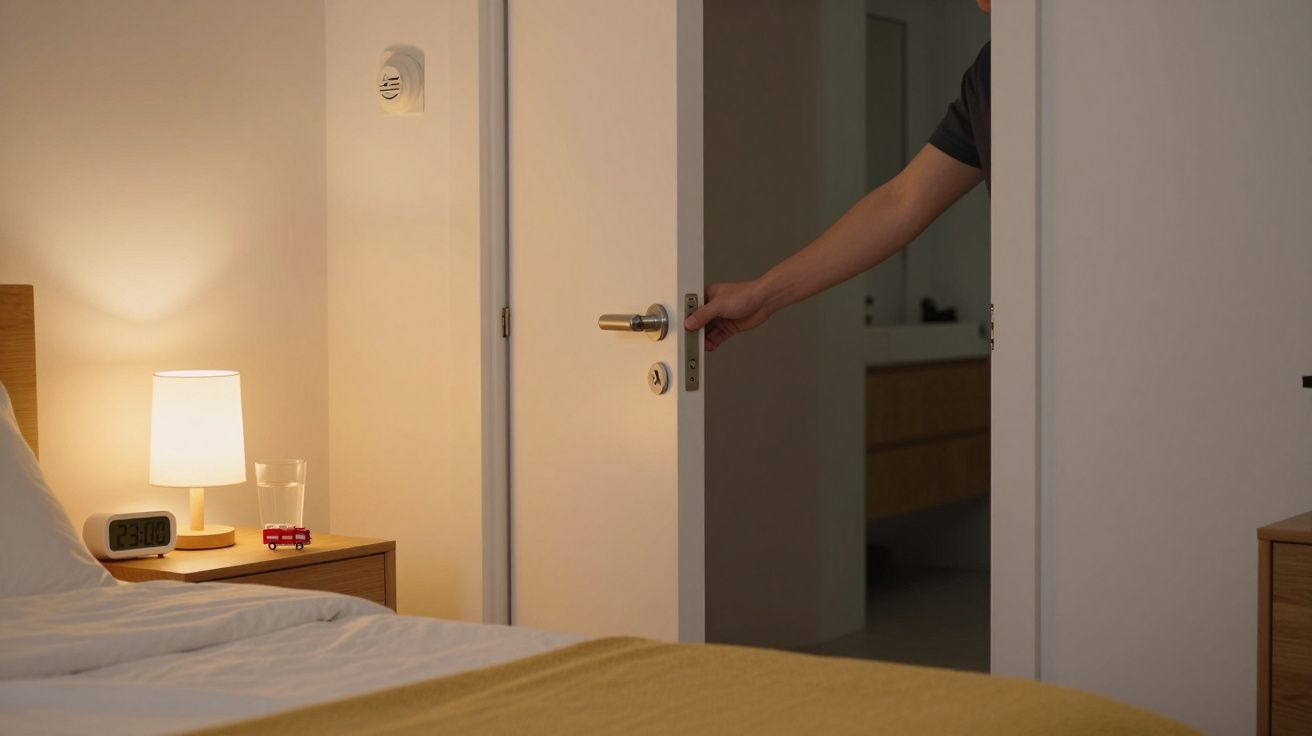 Quarto com cama, candeeiro, relógio digital e porta branca ligeiramente aberta com mão a segurá-la.