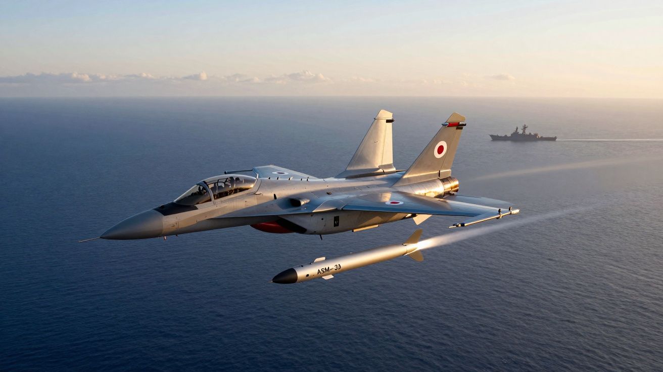 Caça militar cinzento com míssil ASM-3 a voar sobre o mar, com um navio de guerra ao fundo.