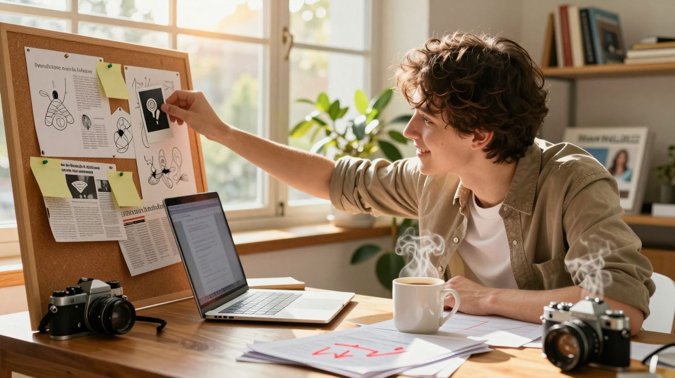 Jovem sentado à secretária, a colar nota no quadro de cortiça, com computador, câmaras e chá quente à sua frente.