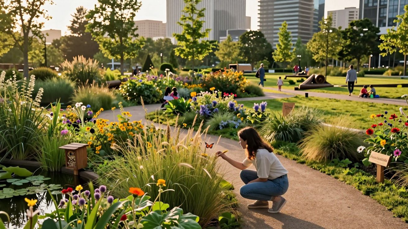 Parque urbano com flores, pessoas a passear e uma mulher a observar uma borboleta num jardim florescente.