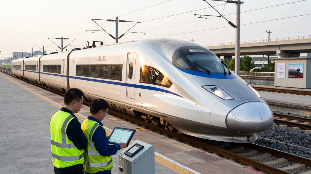 Comboio de alta velocidade branco numa estação com dois funcionários a trabalhar junto à linha.