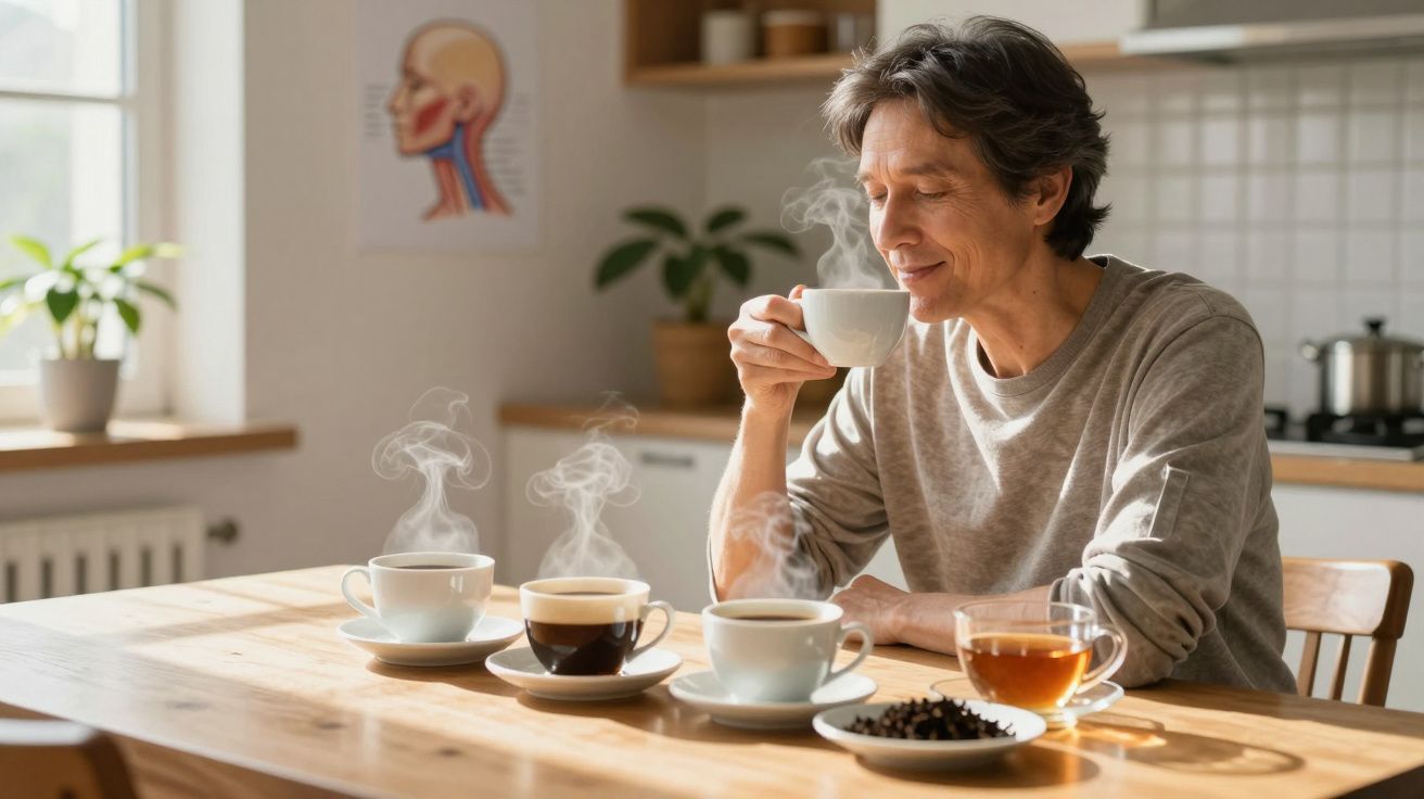 Pessoa segurando uma chávena com bebida quente, rodeada por várias chávenas fumegantes numa mesa de madeira.