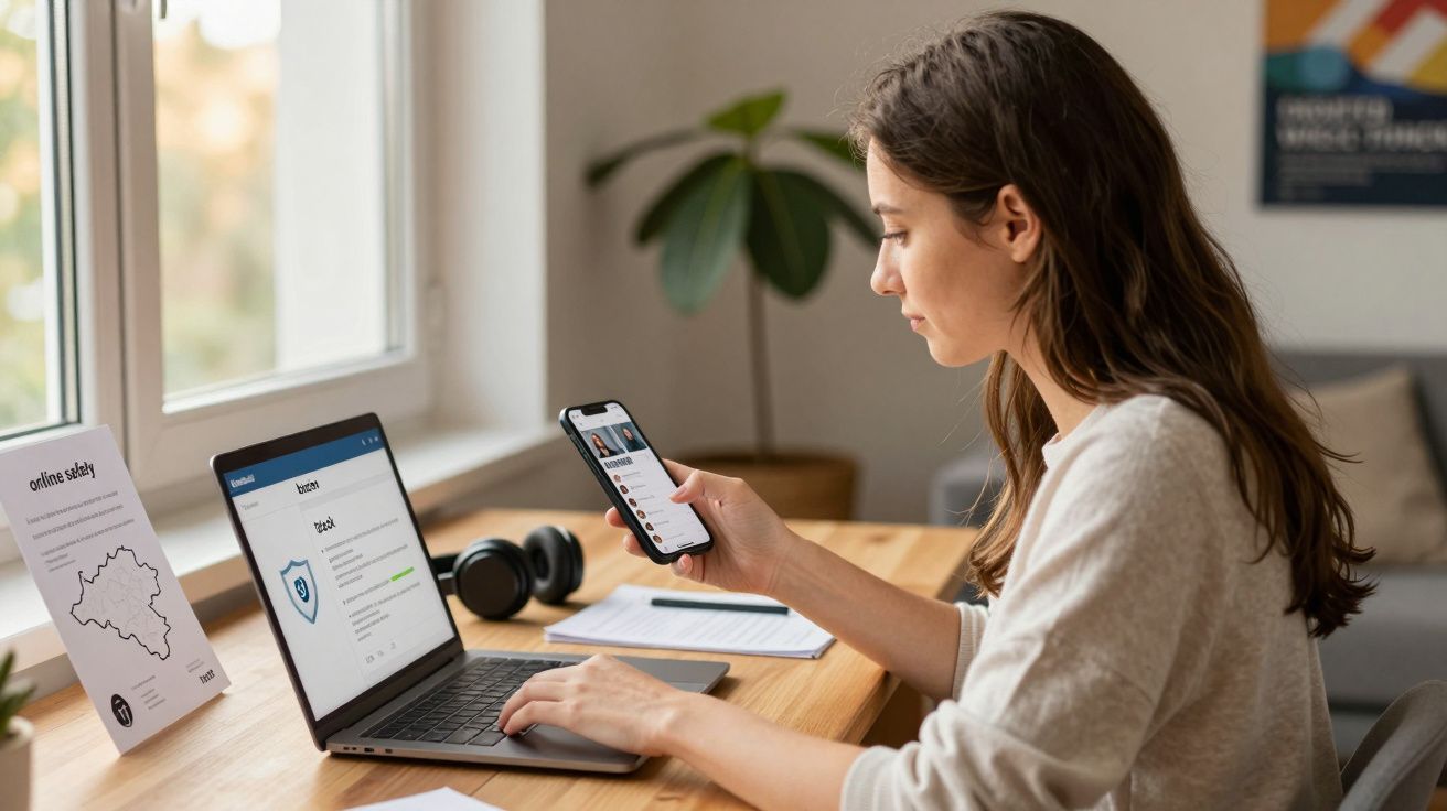 Mulher sentada numa secretária a usar portátil e smartphone, num ambiente tranquilo e iluminado.