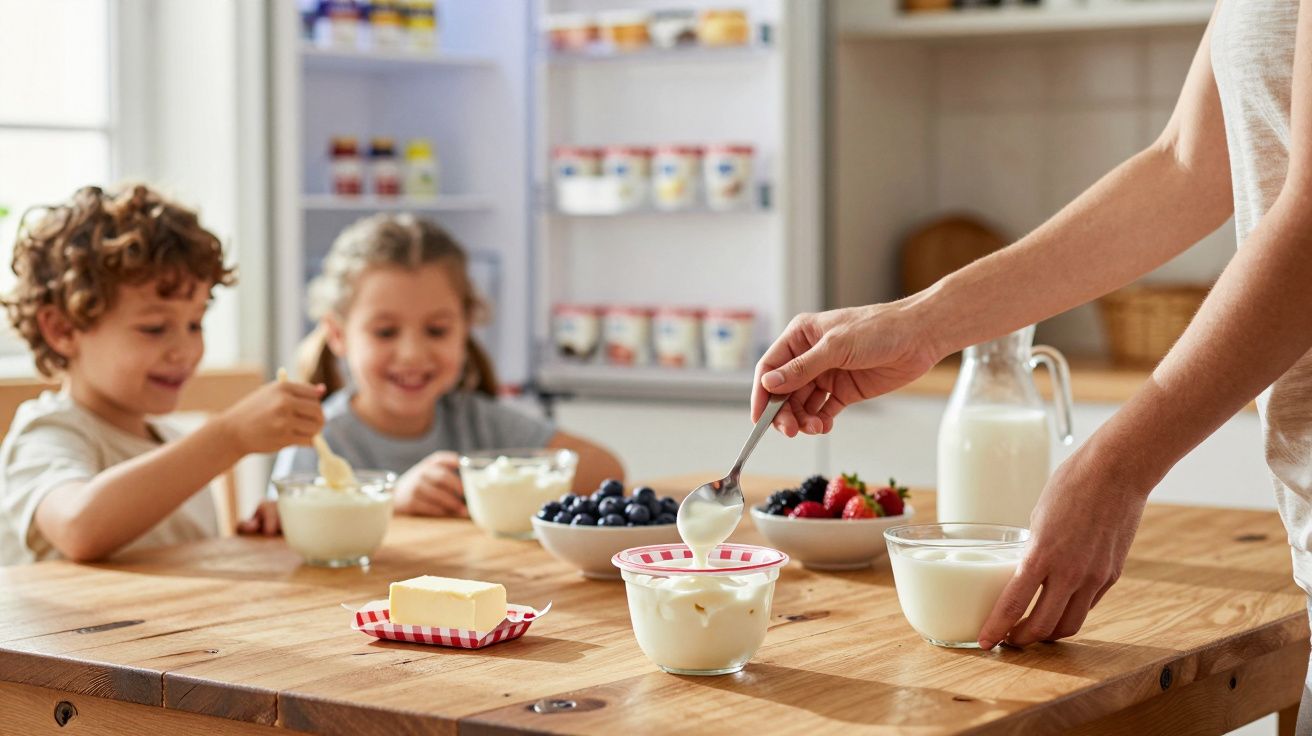 Crianças sorridentes a comer iogurte com frutos vermelhos, manteiga e leite numa mesa de cozinha.