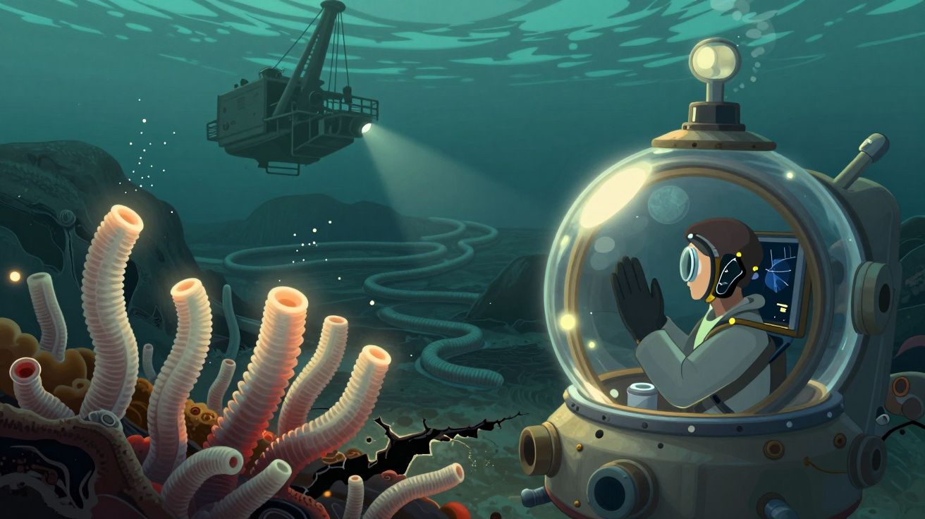 Mergulhador em veículo subaquático observa vida marinha e estrutura de maquinaria no leito oceânico.
