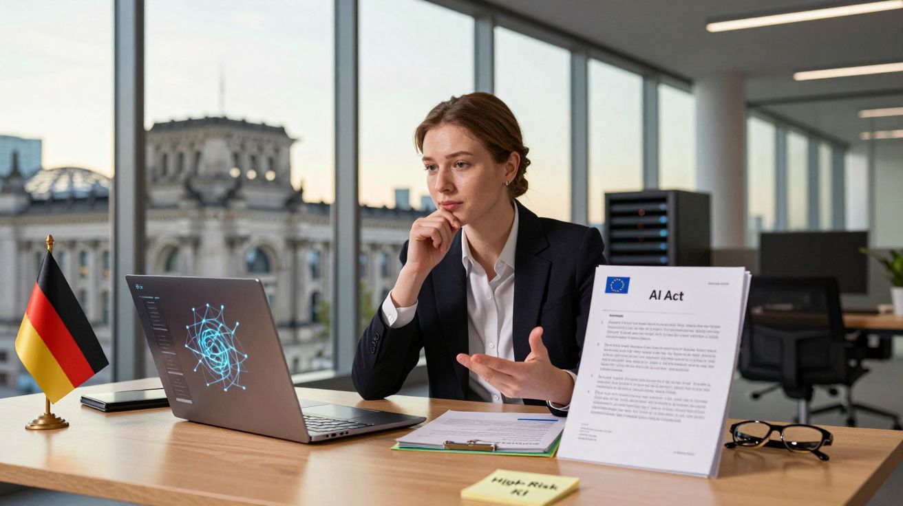 Mulher em escritório moderno discute regulamento AI Act com laptop, documentos e bandeira da Alemanha na secretária.