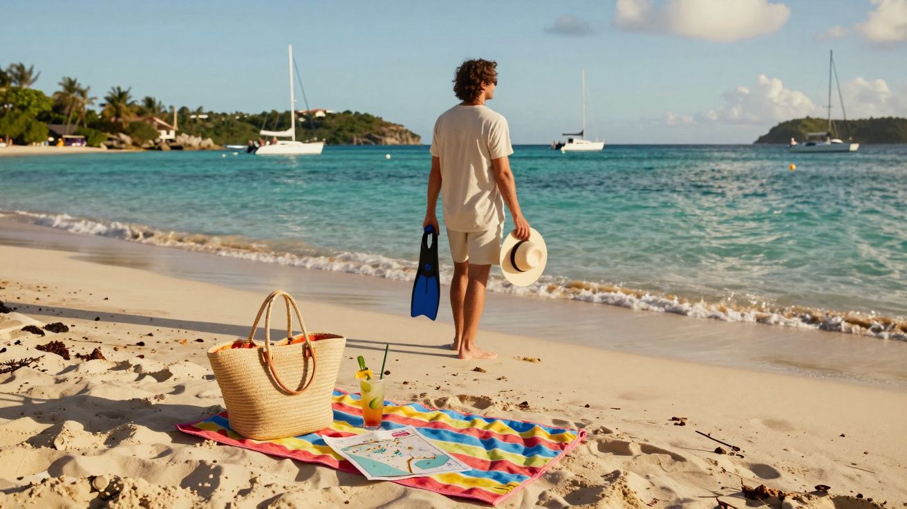 Homem de costas com nadadeiras e chapéu na mão na praia, junto a toalha colorida com mochila, bebida e mapa.