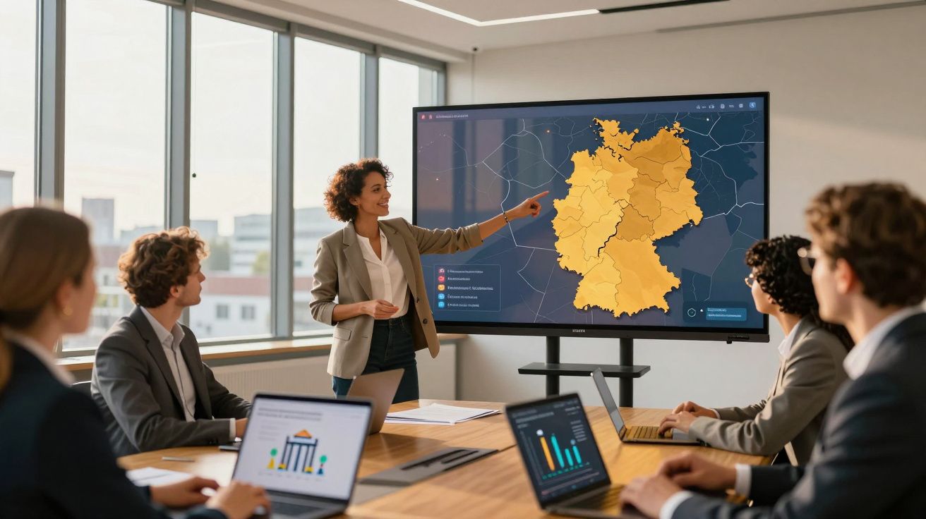 Reunião de negócios com apresentação de mapa da Alemanha em ecrã digital, com cinco pessoas sentadas e uma a apresentar.