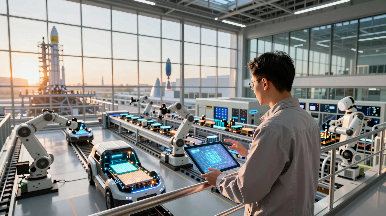 Homem a operar tablet num laboratório moderno com braços robóticos e veículos autónomos em linha de montagem.