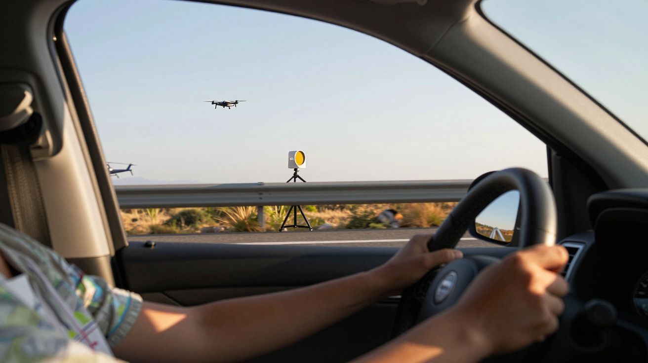 Motorista dentro do carro com vista para drone a voar e dispositivo no tripé junto à estrada.