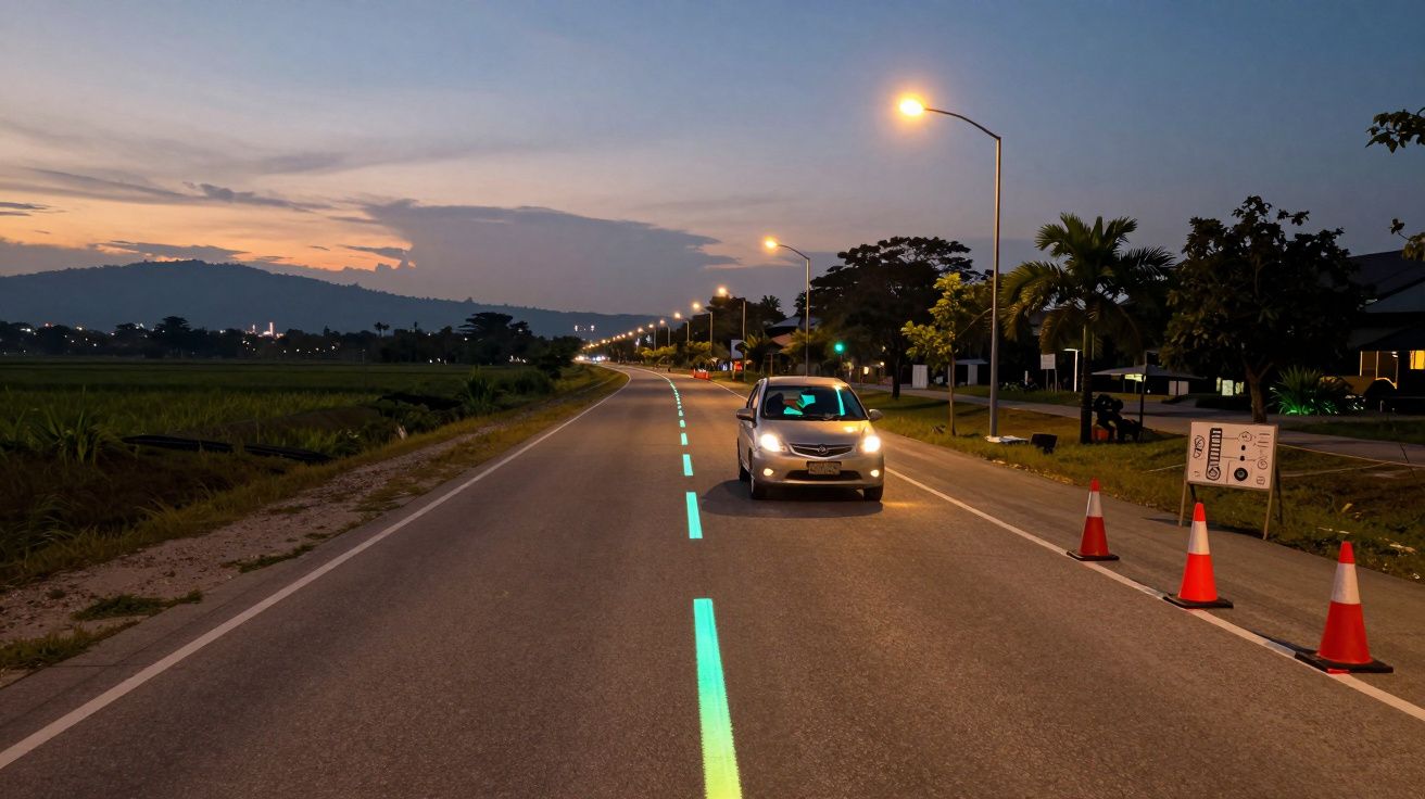 Carro parado junto a cones de sinalização numa estrada rural ao entardecer com iluminação pública.