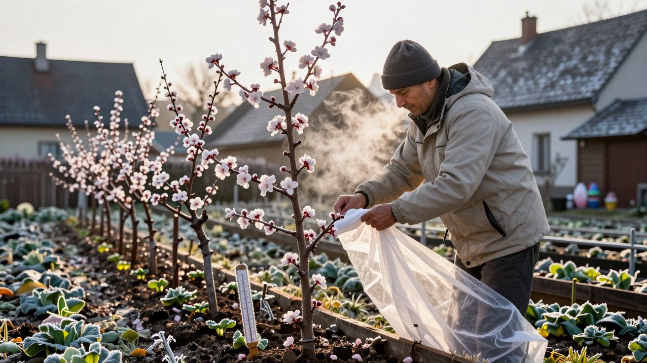 Homem a proteger pés de pessegueiro florido com plástico numa horta ao amanhecer.