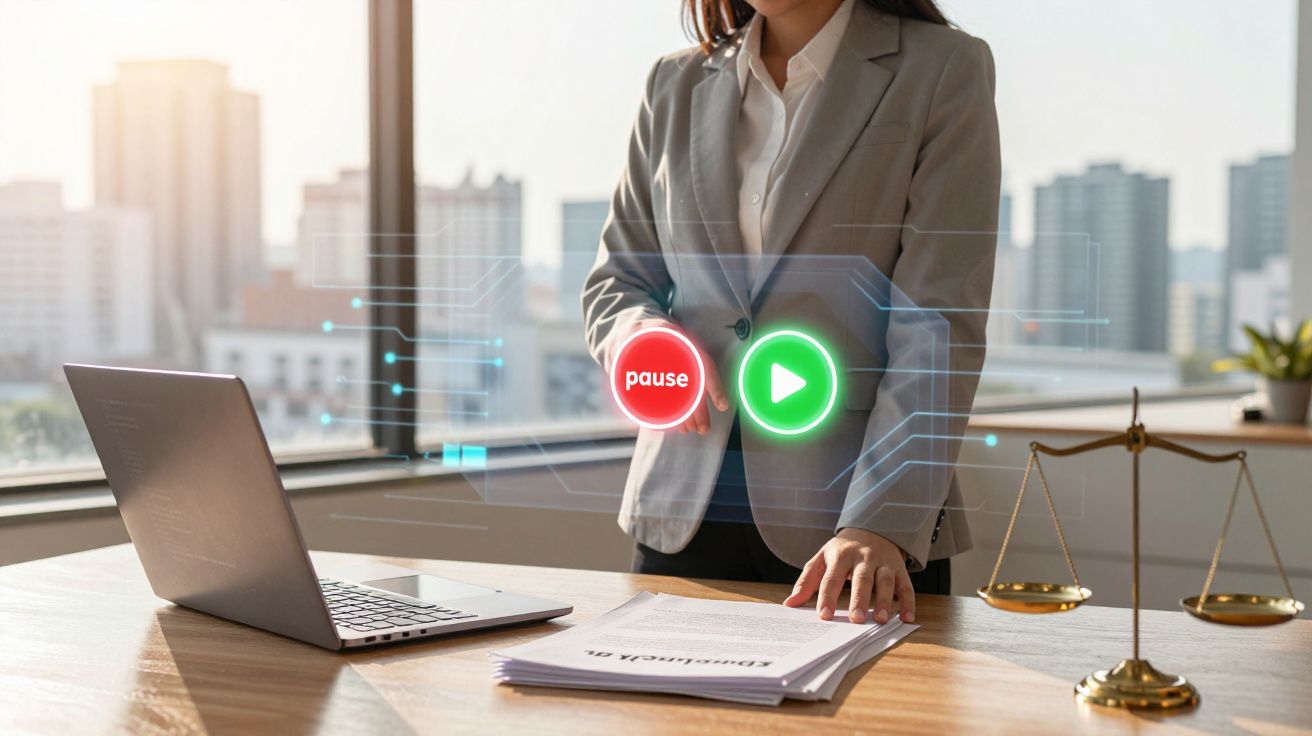 Pessoa com fato junto a mesa com computador portátil, documentos e balança, com ícones digitais de pausa e play.