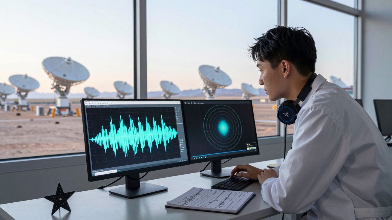 Homem a analisar dados em dois ecrãs de computador com antenas parabólicas ao fundo.