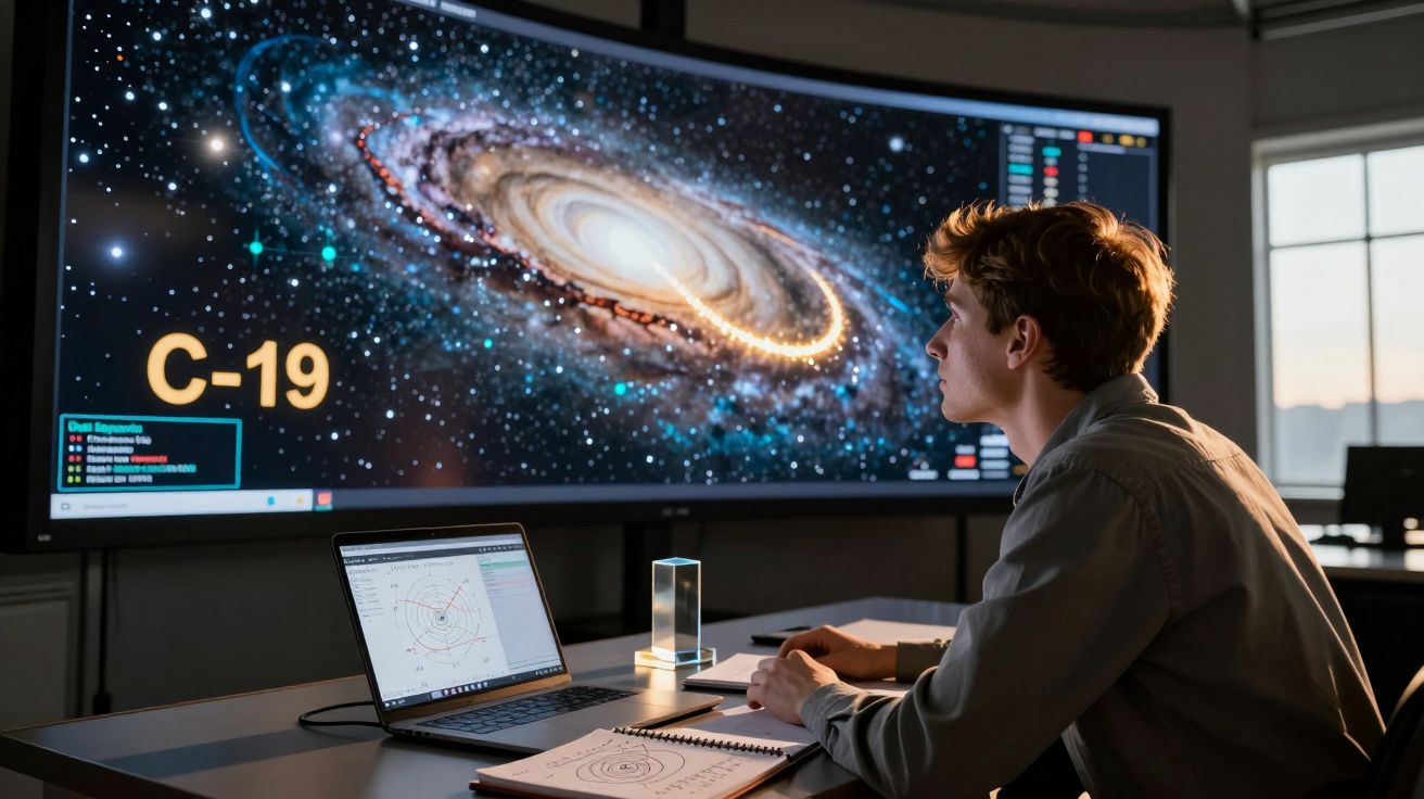 Jovem a analisar imagens de galáxias numa sala escura com um computador portátil e caderno na secretária.