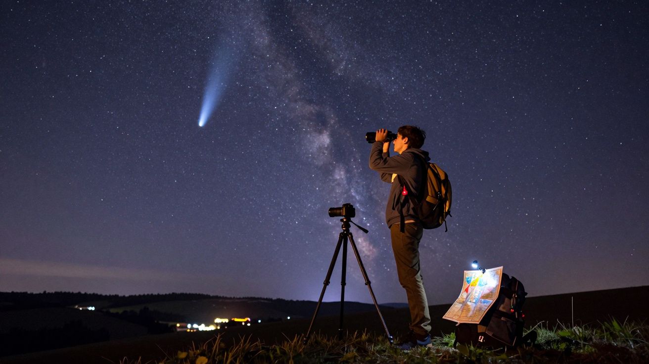 Pessoa a observar o céu noturno com binóculos e máquina fotográfica, capturando cometa e Via Láctea.