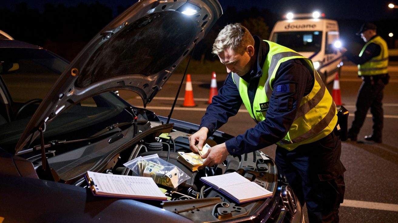 Agente da alfândega inspeciona malas sob o capô de um carro durante operação noturna numa estrada.