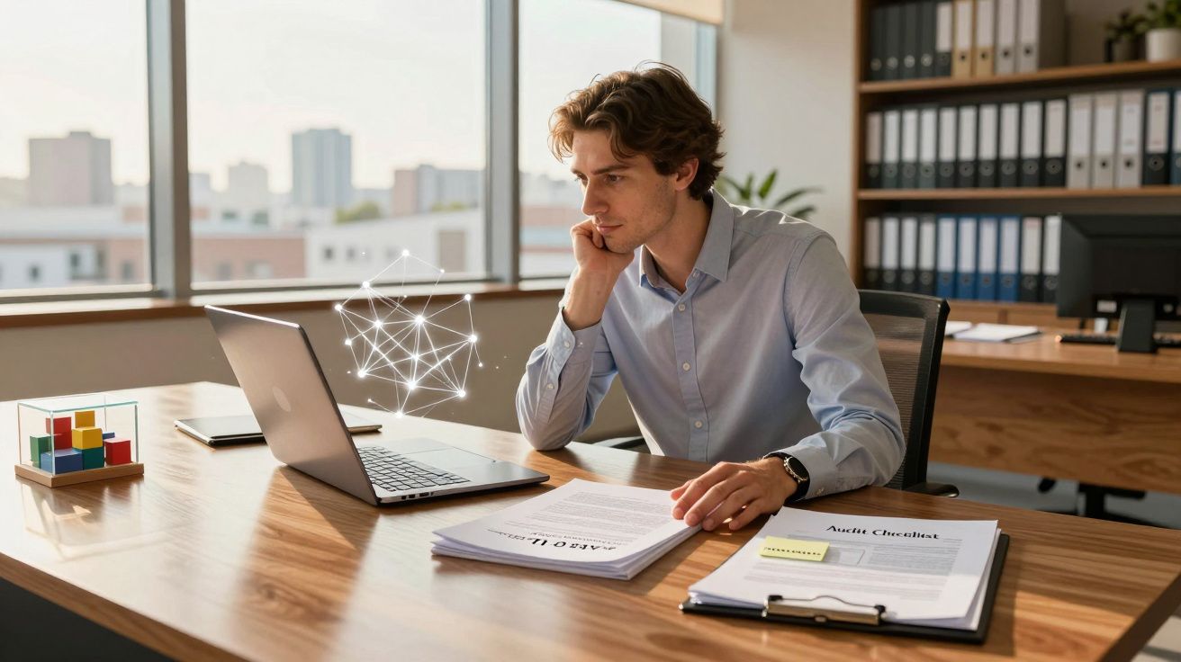 Homem jovem sentado à secretária a analisar documentos e computador portátil num escritório moderno.