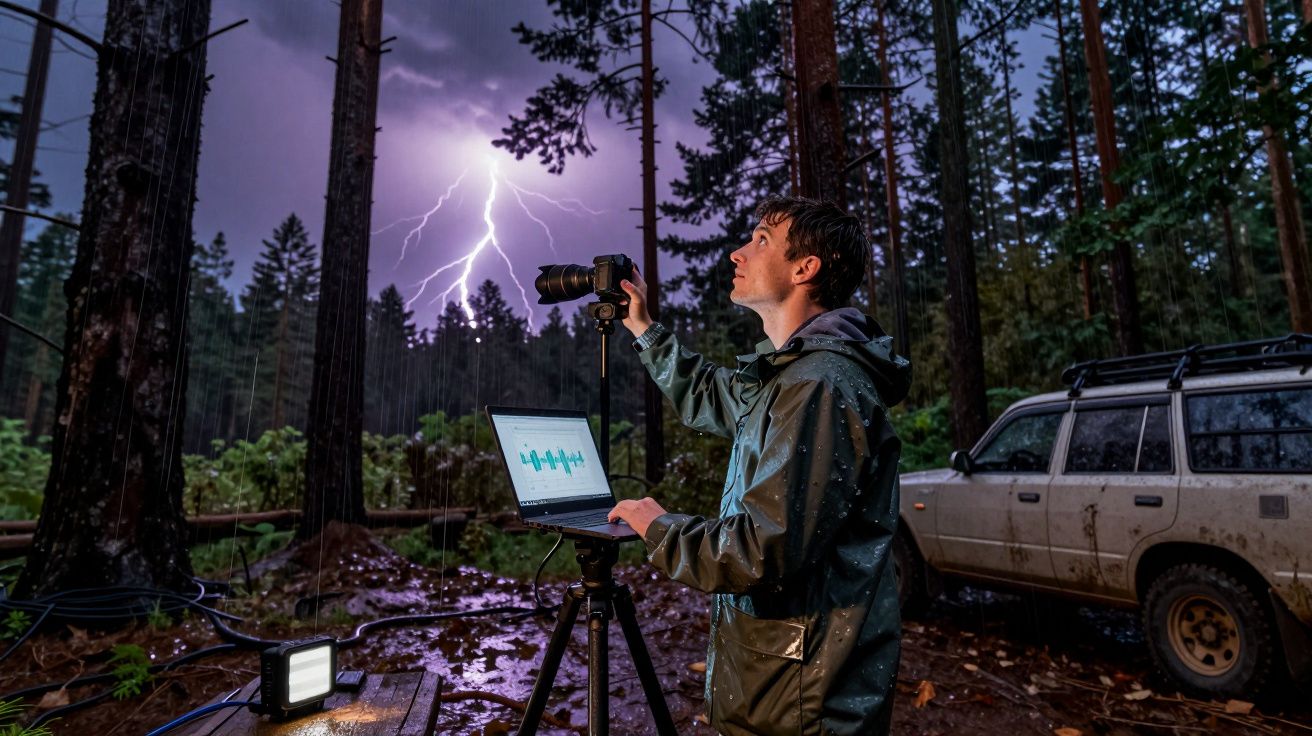 Homem com impermeável controla máquina fotográfica e portátil durante tempestade com relâmpagos numa floresta à noite.