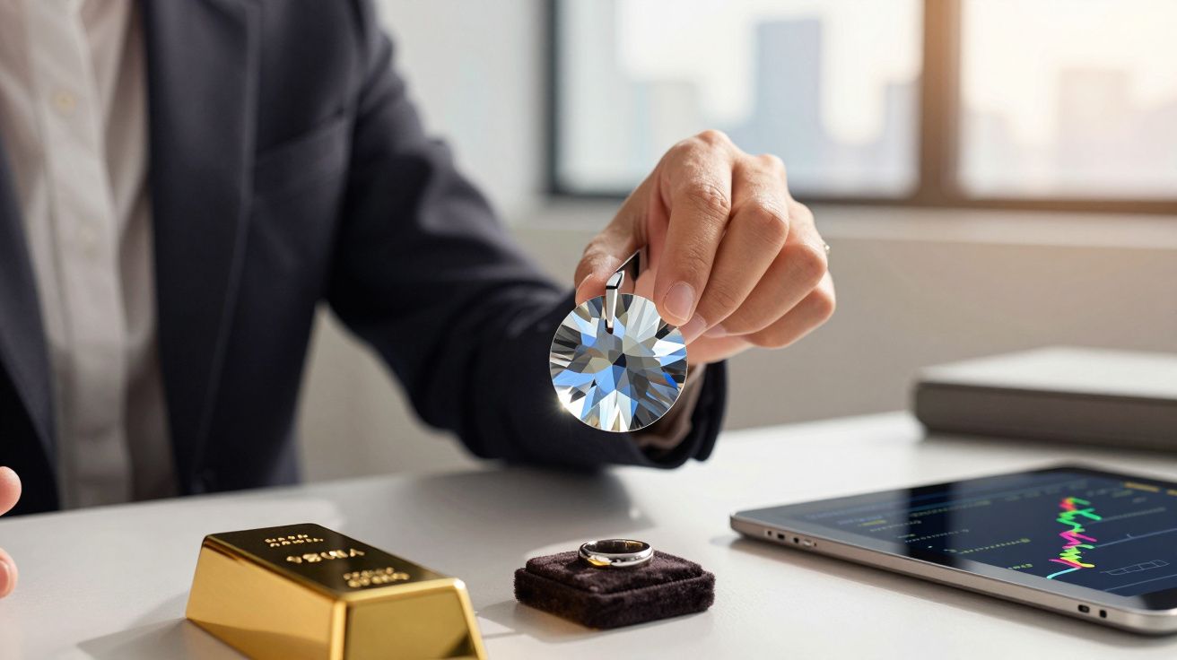 Pessoa a examinar um diamante com pinça, perto de barra de ouro, anel e tablet com gráficos financeiros.