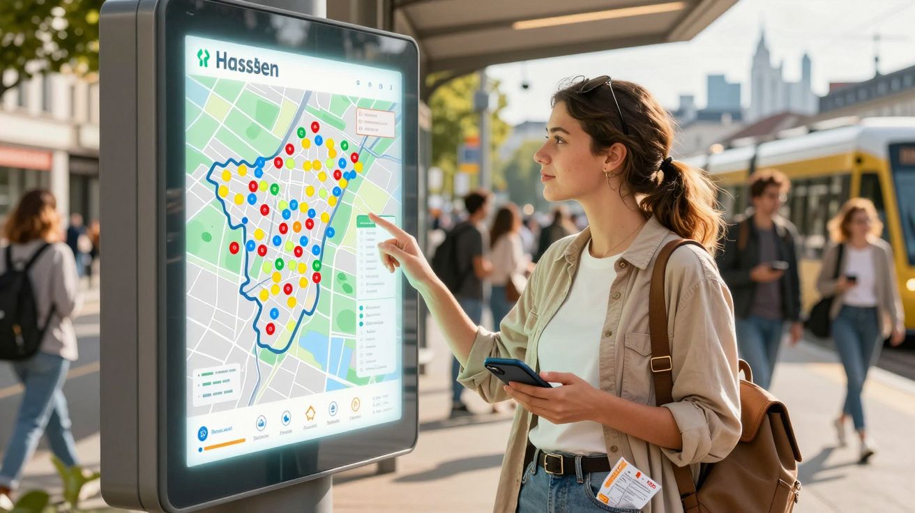 Mulher consulta mapa digital interativo numa paragem de autocarro com bilhete e smartphone na mão.