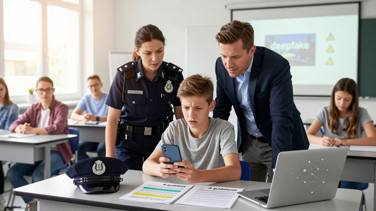 Aluno preocupado com telemóvel enquanto polícia e professor observam numa aula sobre deepfake.