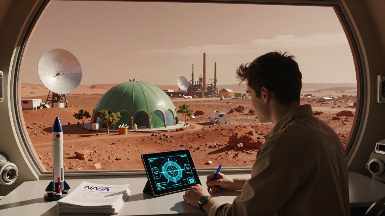 Homem a trabalhar num tablet dentro de uma base espacial com vista para Marte e equipamentos científicos exteriores.