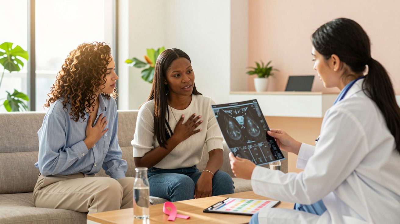 Doutora mostra exames a duas mulheres preocupadas sentadas num sofá durante consulta sobre saúde.