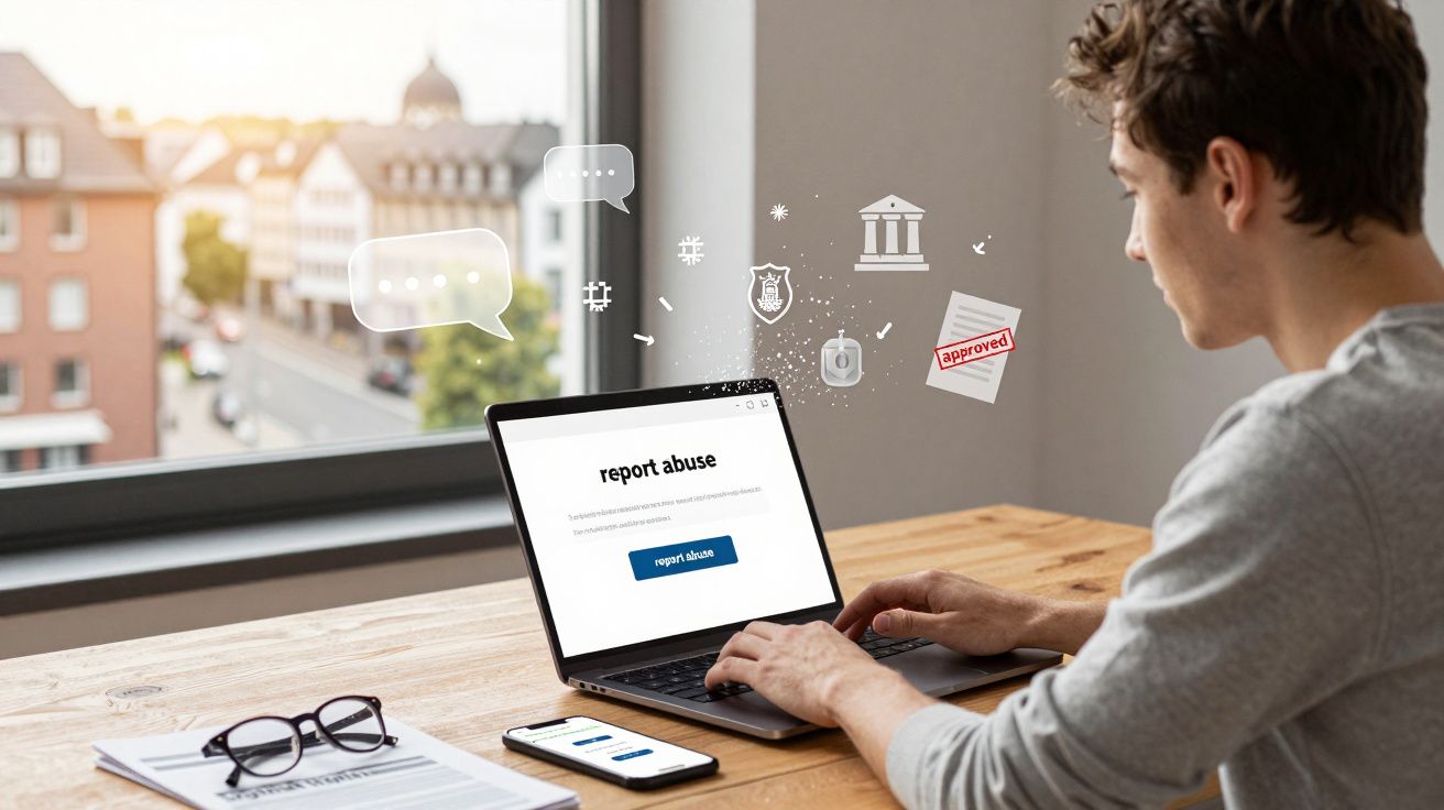 Pessoa a usar portátil para reportar abuso online, com mesa, telemóvel e documentos ao lado, luz natural na sala.