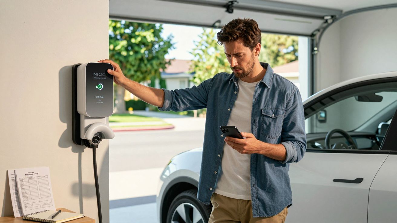 Homem usa telemóvel enquanto carrega carro elétrico numa garagem com estação de carregamento mural.
