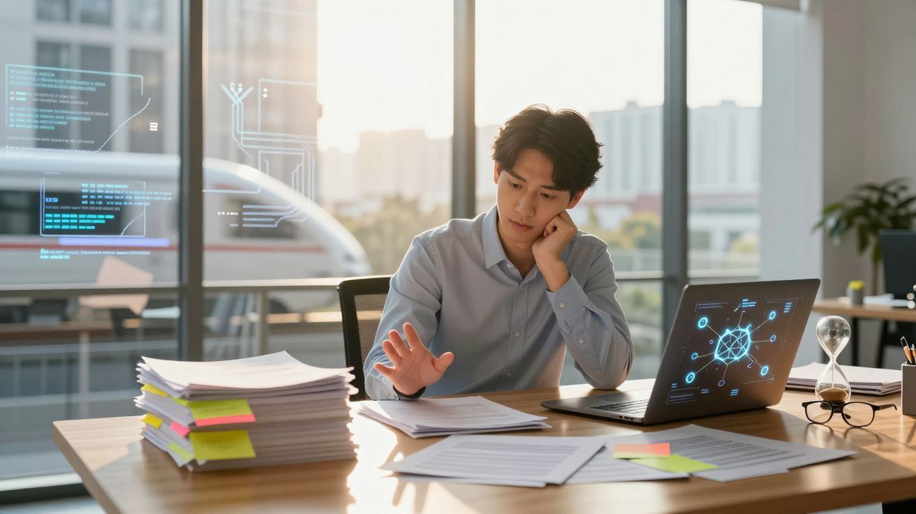 Homem jovem sentado numa secretária a analisar documentos num escritório moderno com luz natural.