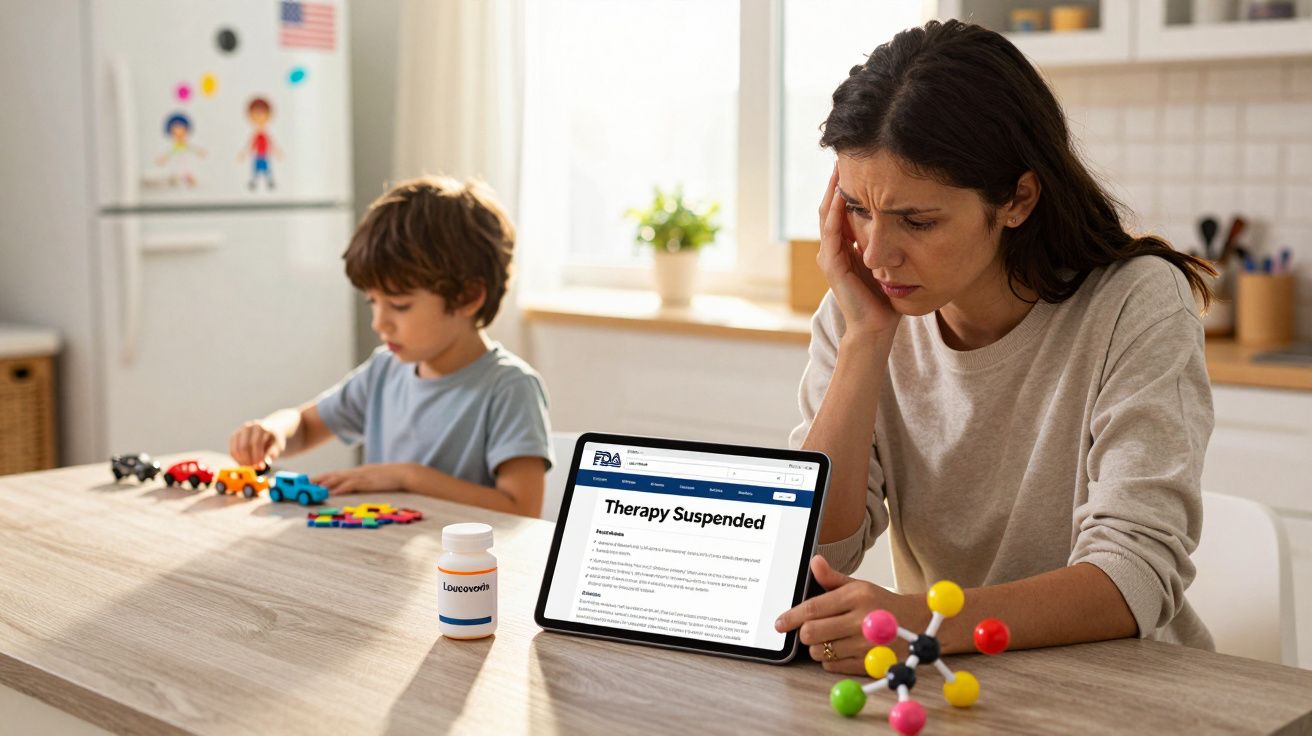 Mulher preocupada a ler notícia sobre suspensão de terapia no tablet, com criança a brincar ao fundo.