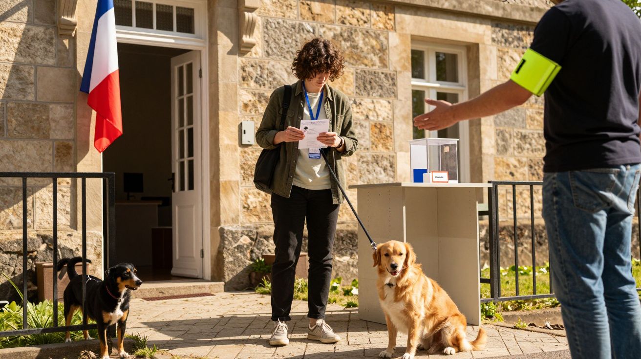 Pessoa com cão e identificação diante de urna de votação em edifício com bandeira de França.