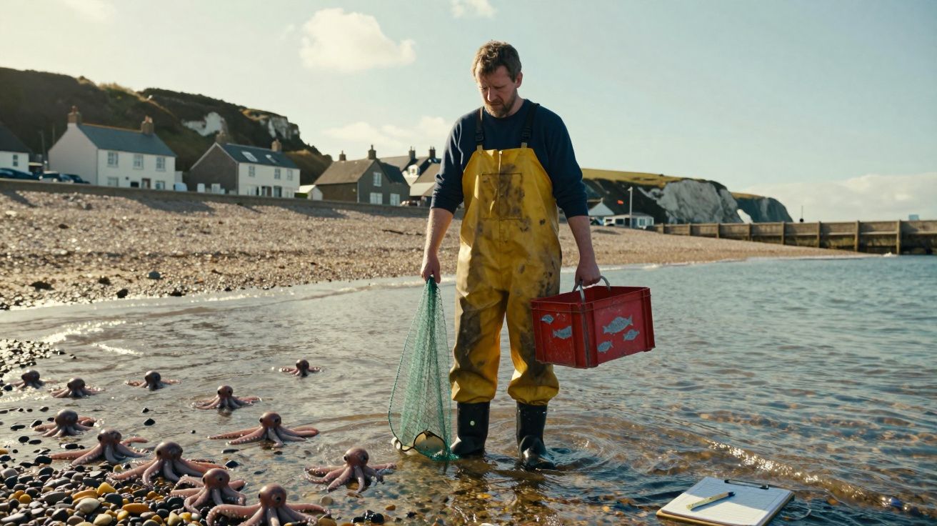 Pescador de fato impermeável amarelo recolhe polvos na costa rochosa perto de aldeia costeira sob céu azul.